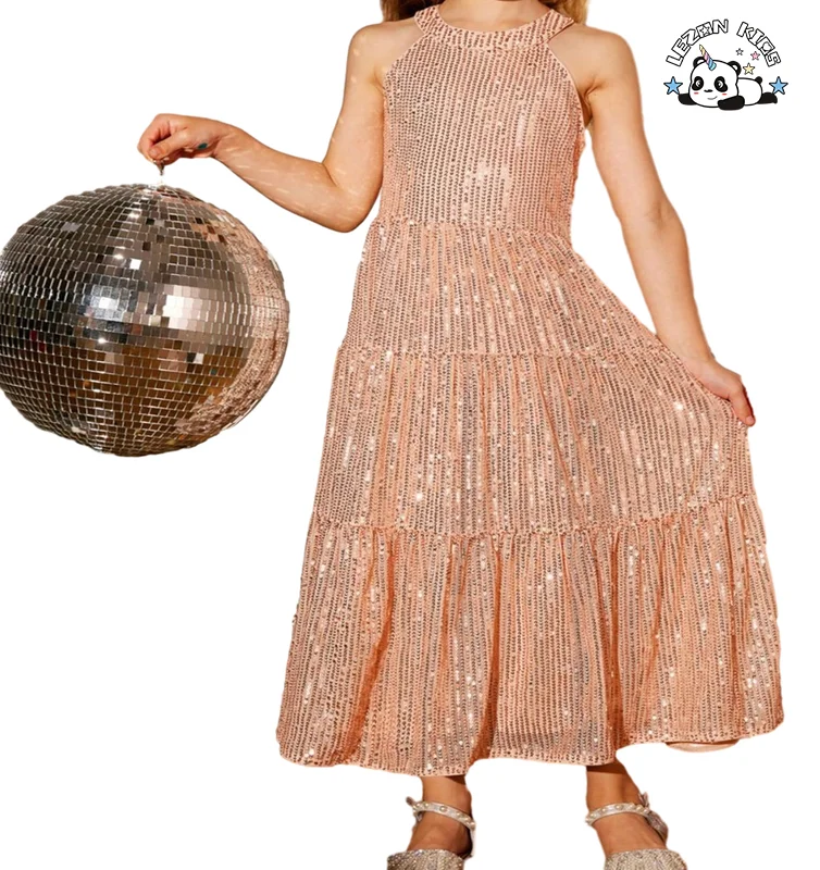 LEZONKIDS - Professional Factory Sleeveless Sequin Patches Long Skirt Kids Christmas Party Dress